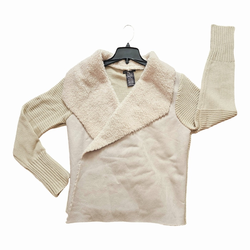 Chelsea & Theodore Sz XL Cream Faux-Fur & Suede Open-Front Knit Cardigan Sweater